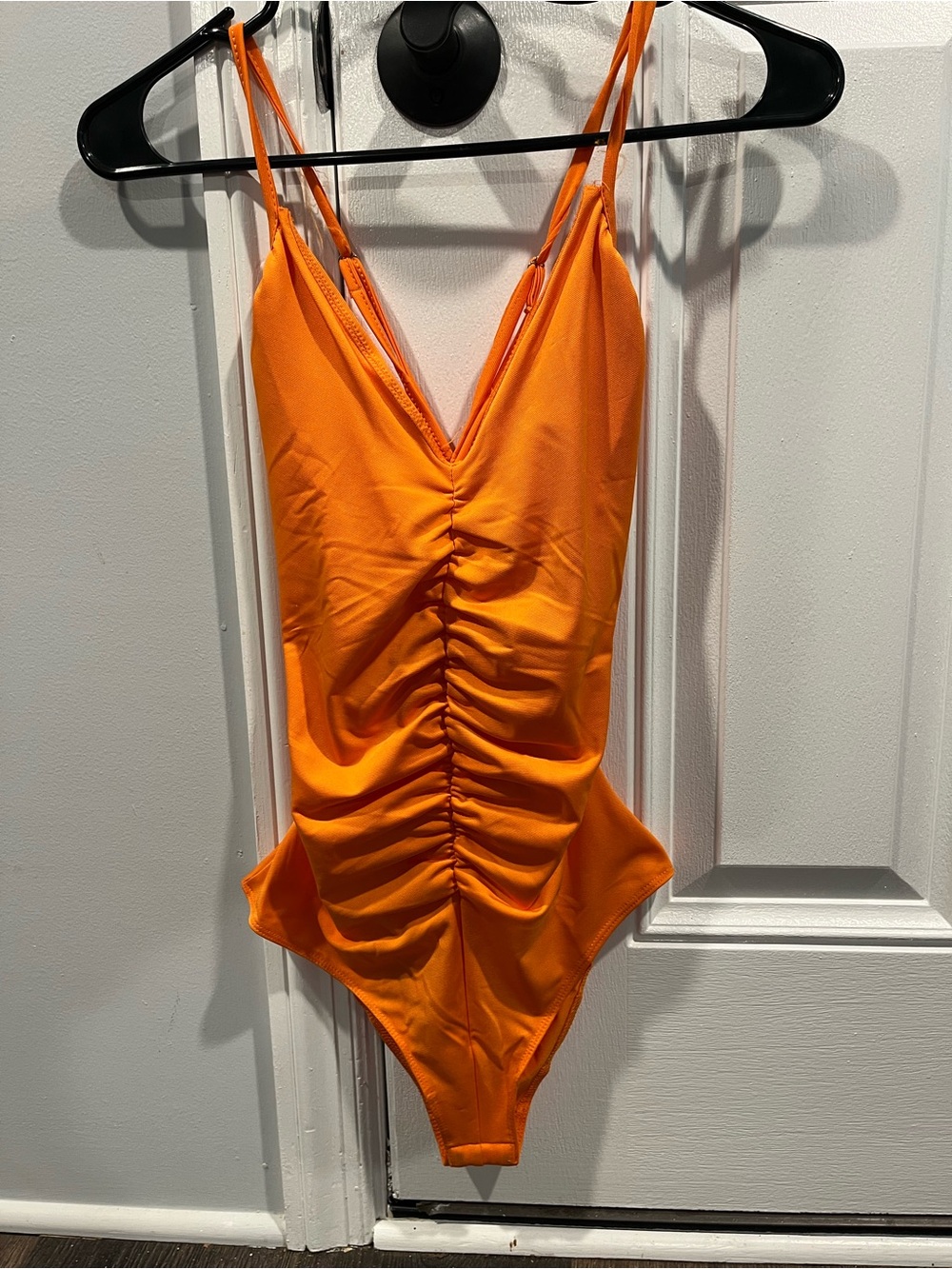 Mango Orange Ruched V-Neck Bodysuit